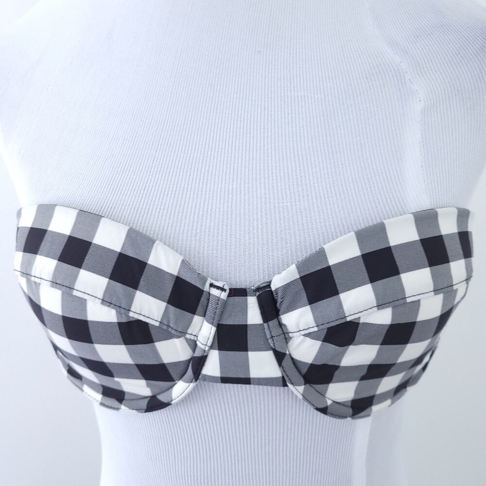 J. Crew Bikini Top 36B Buffalo Check Plaid Black, Off White Swimsuit Top Bathing